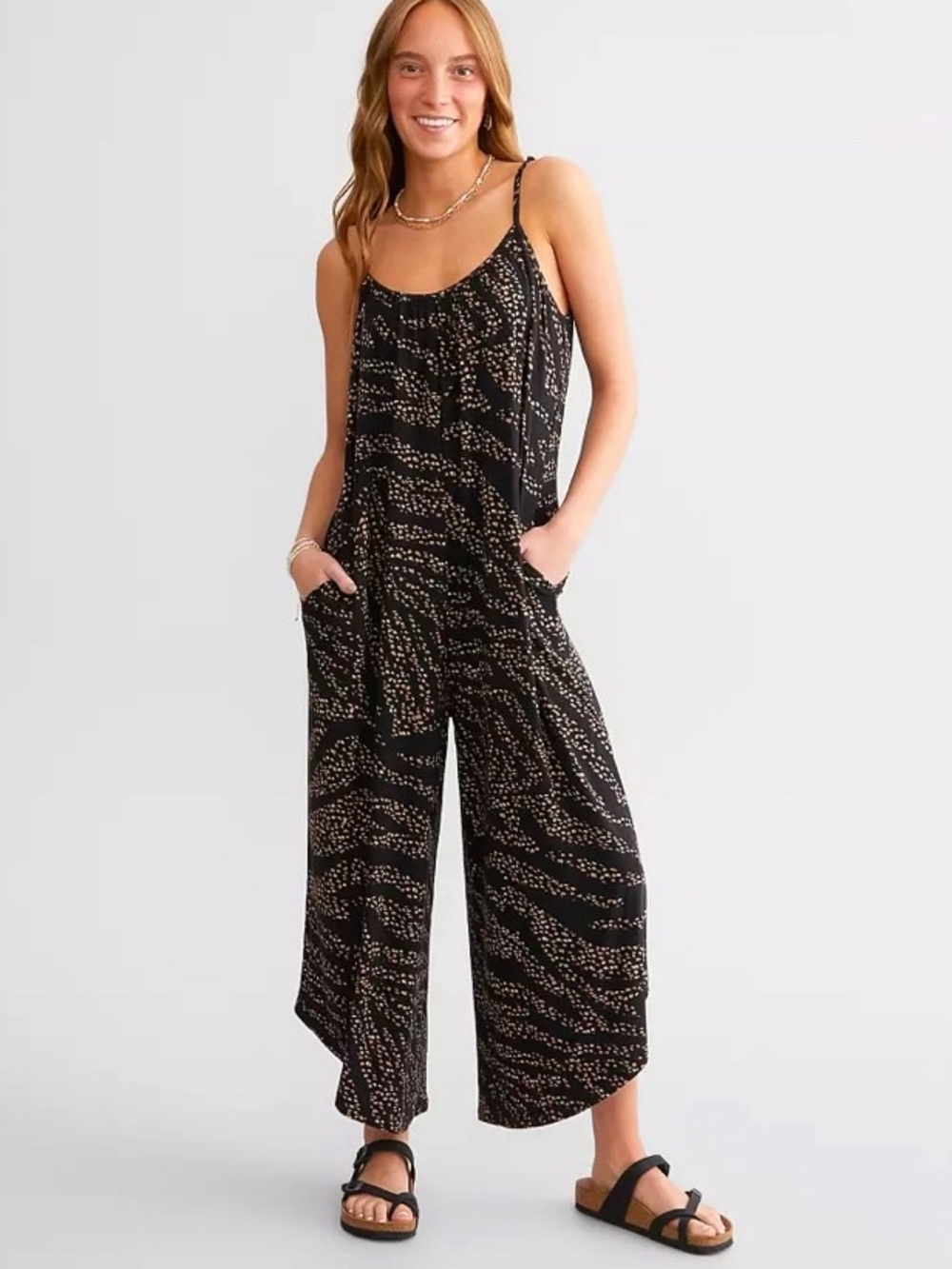 Z Supply Wild Dot Flared Jumpsuit Size XS Black Printed Wide Leg Spaghetti Strap